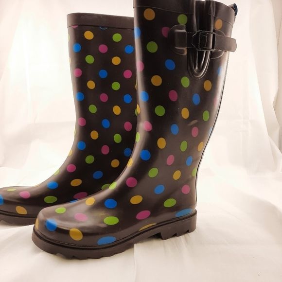 Capelli of New York rubber boots polka dots brown pastels size 7 women's rain - Picture 2 of 12